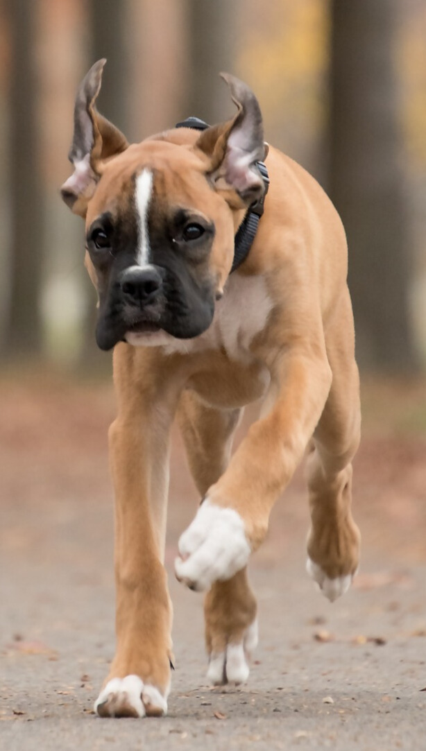 Brindle Boxer dog with natural ears and undocked tail standing